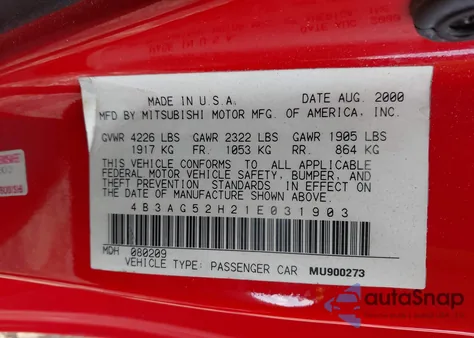 2001 Dodge Stratus R/T z USA, uszkodzony, nr VIN 4B3AG52H21E031903